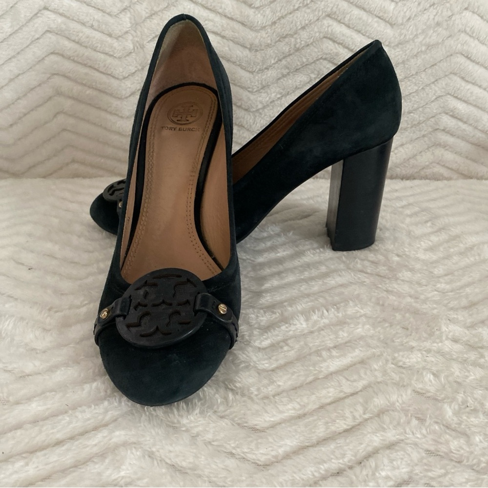 Tory Burch Platform Black Suede Heels Chunky Size 8.5 Logo Toe